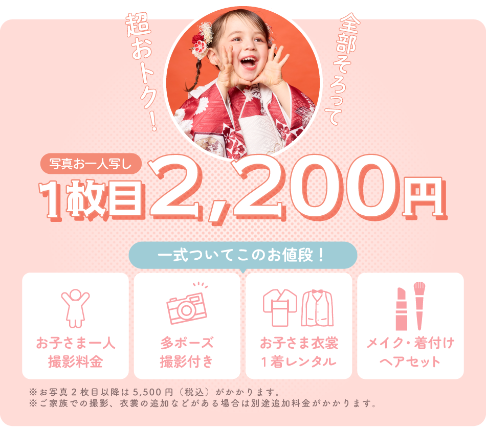 全部そろって超お得!【お子様一人写し】写真1枚目が2,200円に。『お子さま一人撮影料金』『多オーズ撮影月』『』『お子さま衣裳1着レンタル』『メイク・着付け・ヘアセット』一式ついてこの価格!※お写真2枚目以降は5,500円(税込)※ご家族での撮影、衣裳の追加などがある場合は別途料金がかかります。