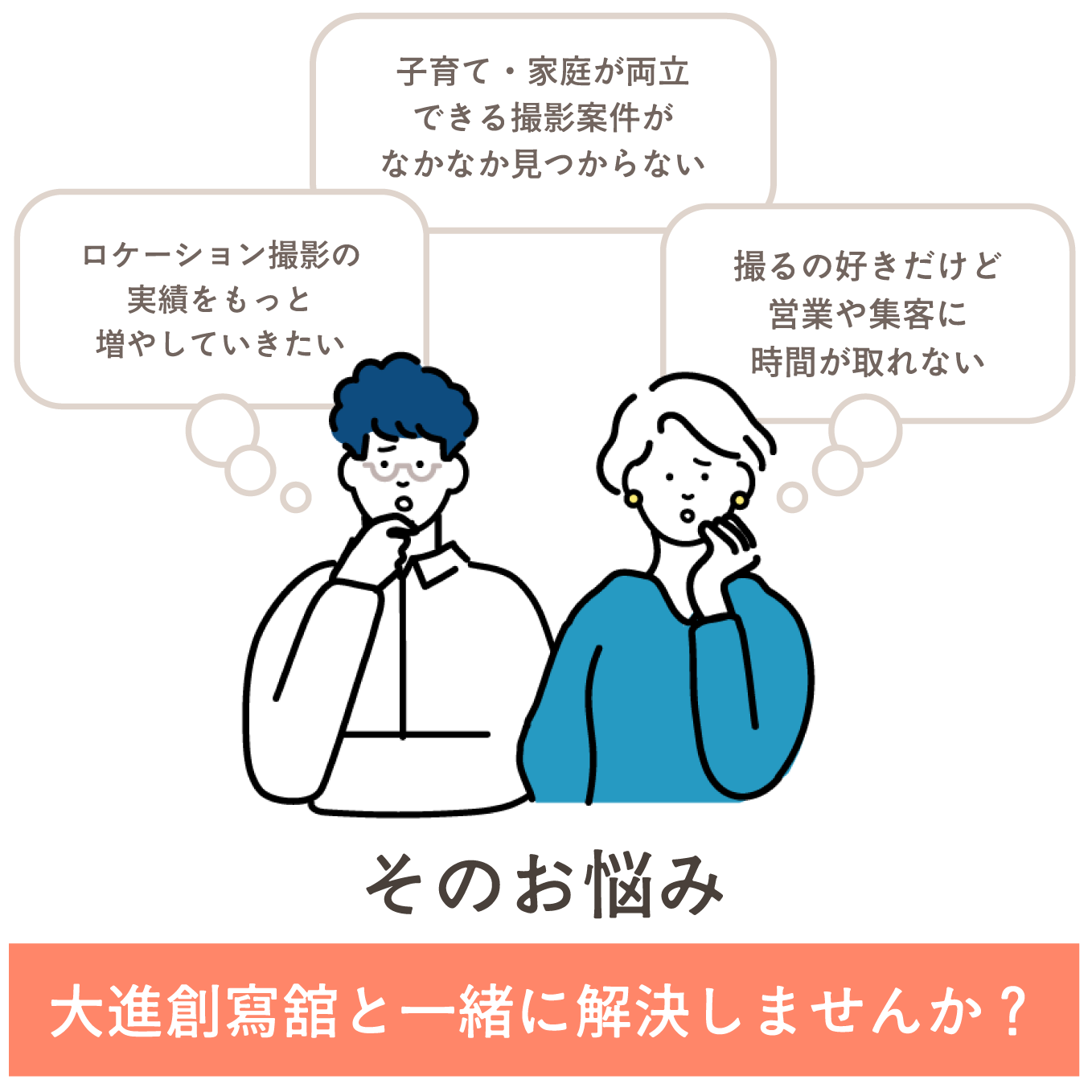 悩み1：子育て・家庭が両立できる撮影案件がなかなか見つからない悩み2：ロケーション撮影の実績をもっと増やしていきたい悩み3：撮るの好きだけど営業や集客に時間が取れない・そのお悩み「大進創寫舘と一緒に解決しませんか？」